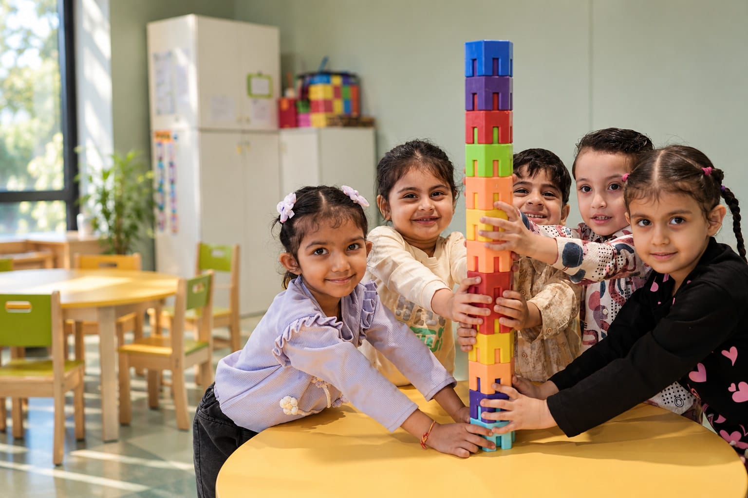 Early Years children building a tower of blocks together