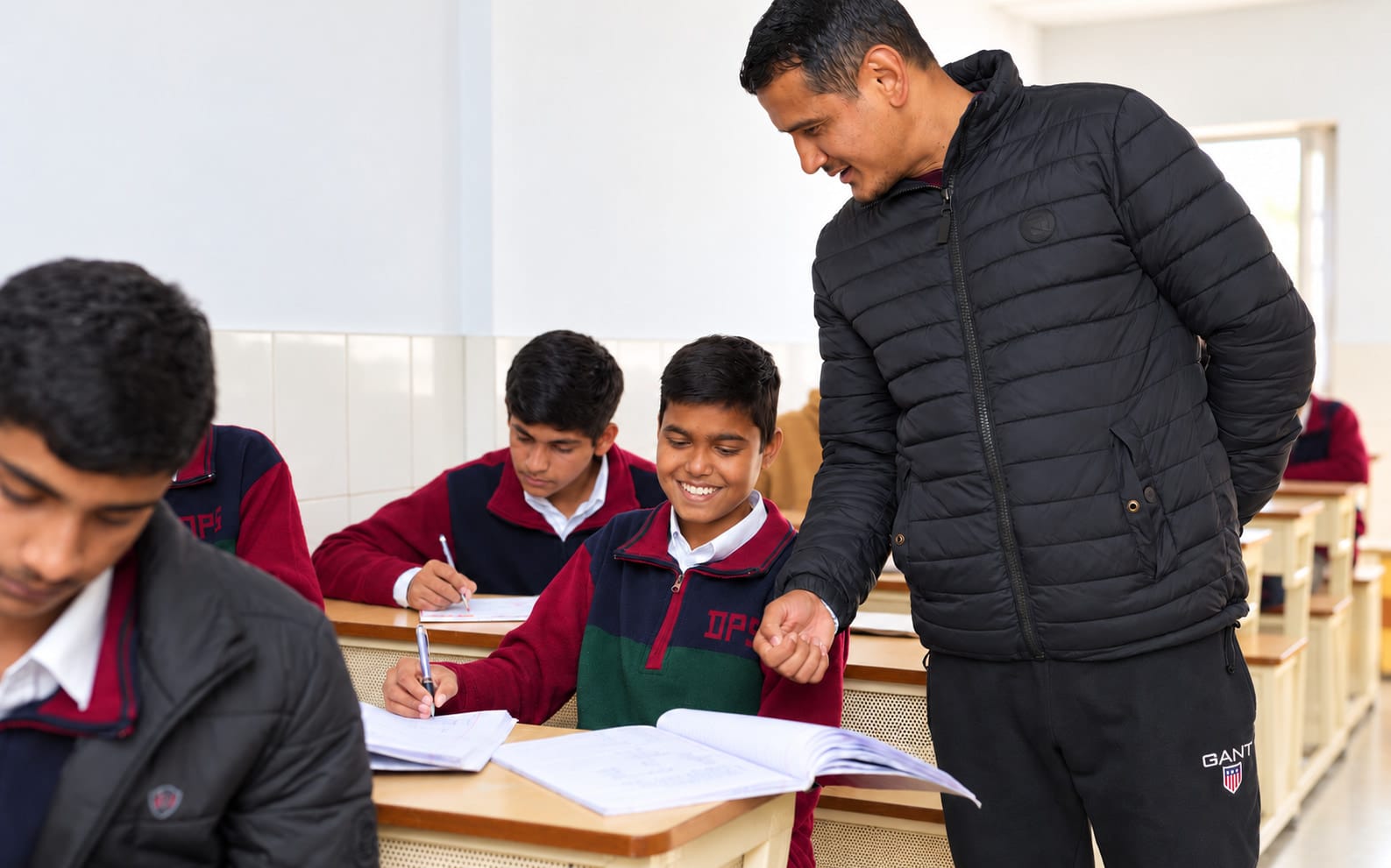 A teacher working through a problem with students at their desks
