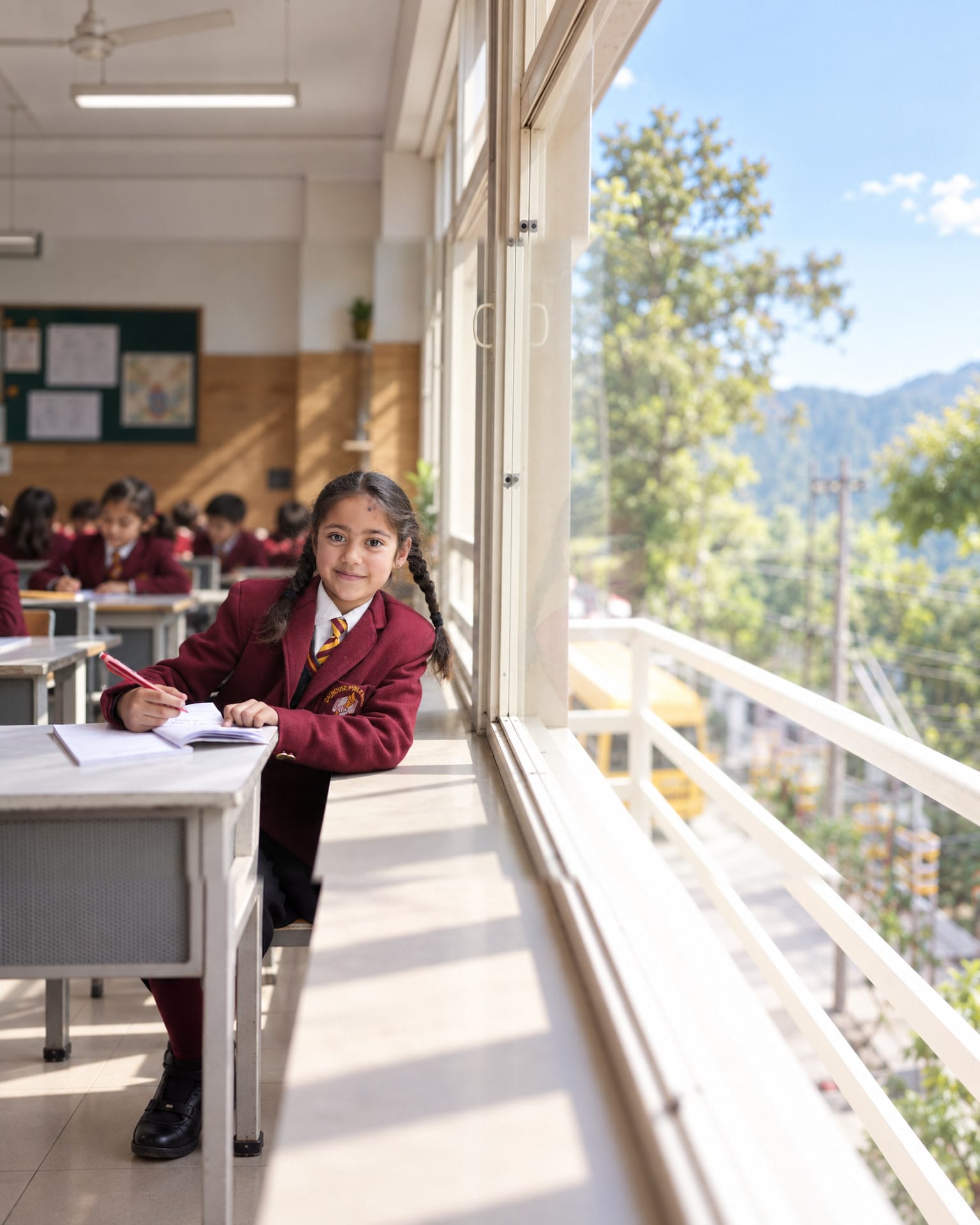 A student writing at her desk by the classroom window
